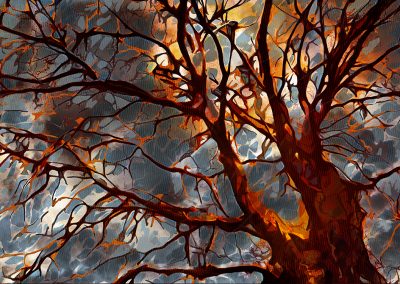 Forêt en feu, l'arbre qui brule de l'intérieur. Création digitale.