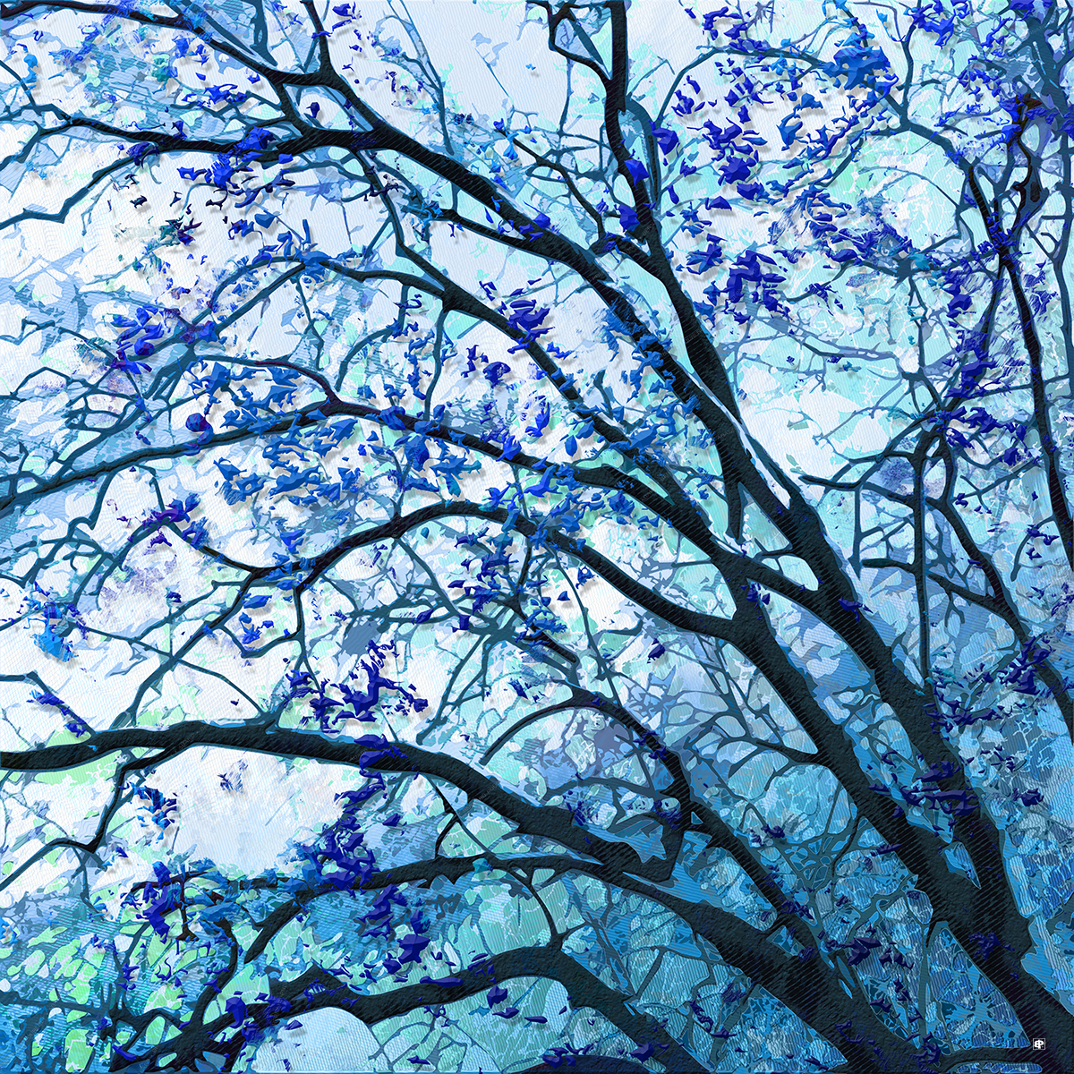Le platane aux reflets bleus. œuvre réalisée à la main sur informatique, inspirée d'une photographie d'arbres du parc Micaud